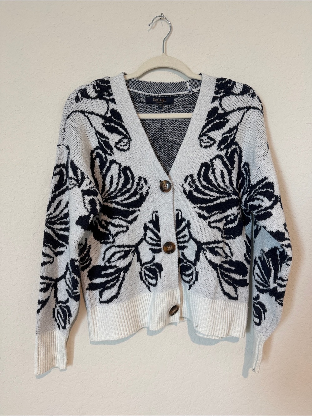 Rachel Black & White Floral V-Neck Button Cardigan